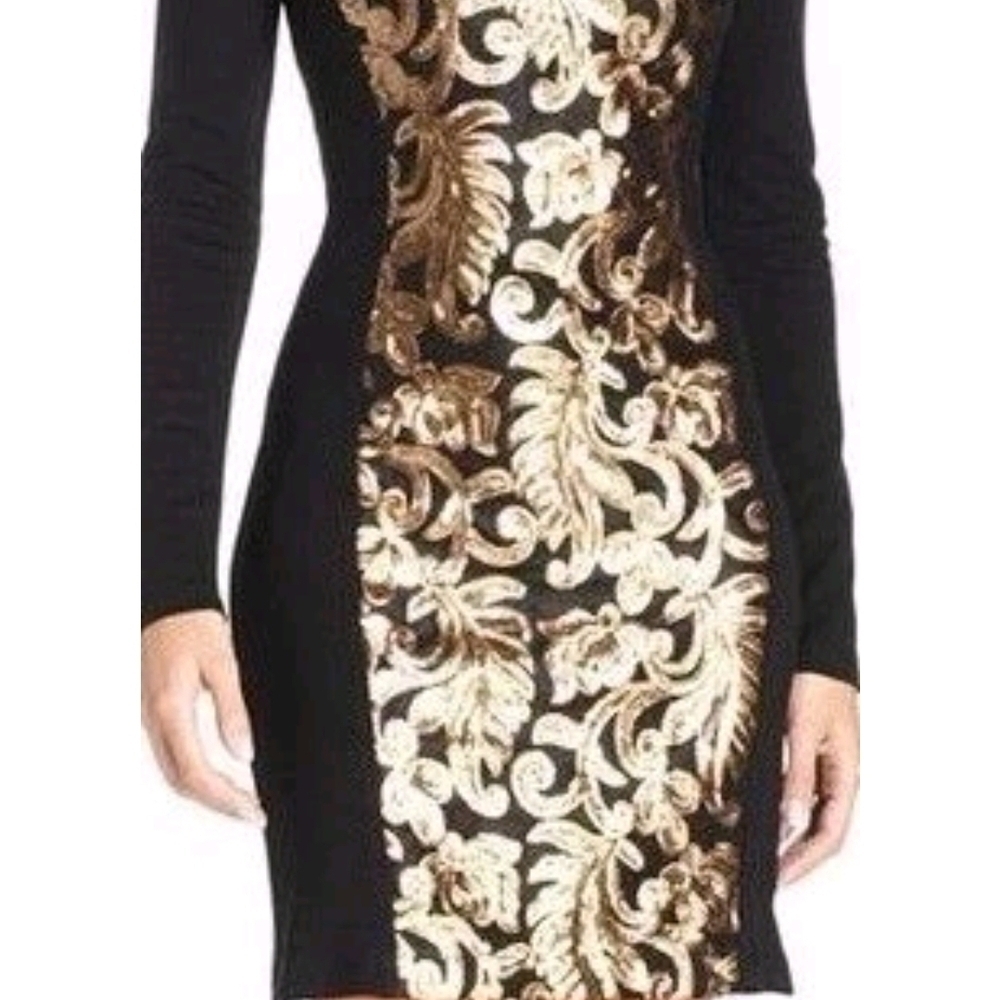 NWT Karen Kane Elegant Black and Gold Sequin Long Sleeve Dress - Picture 2 of 5